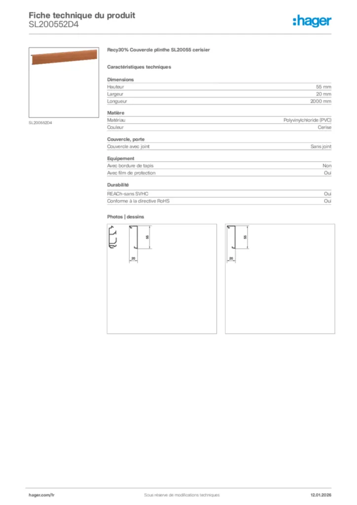 Image Hager Fiche technique du produit SL200552D4 | Hager France