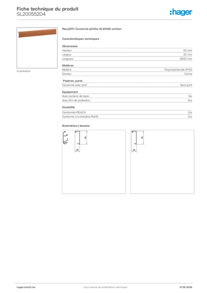 Image Hager Fiche technique du produit SL200552D4 | Hager Belgique