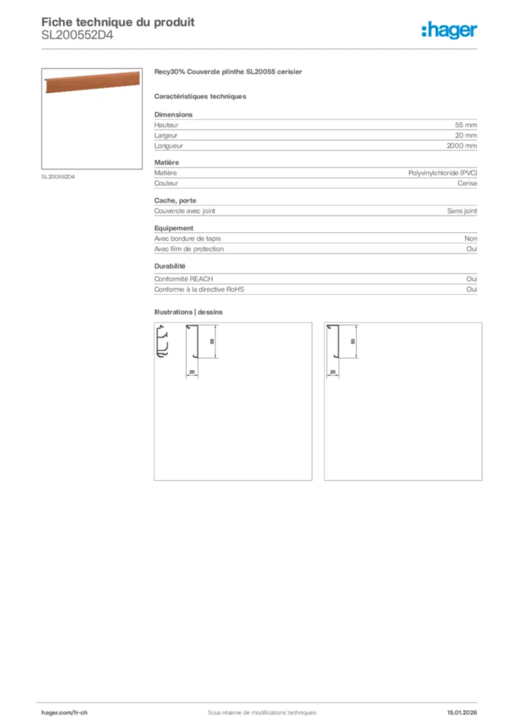 Image Hager Fiche technique du produit SL200552D4 | Hager Suisse