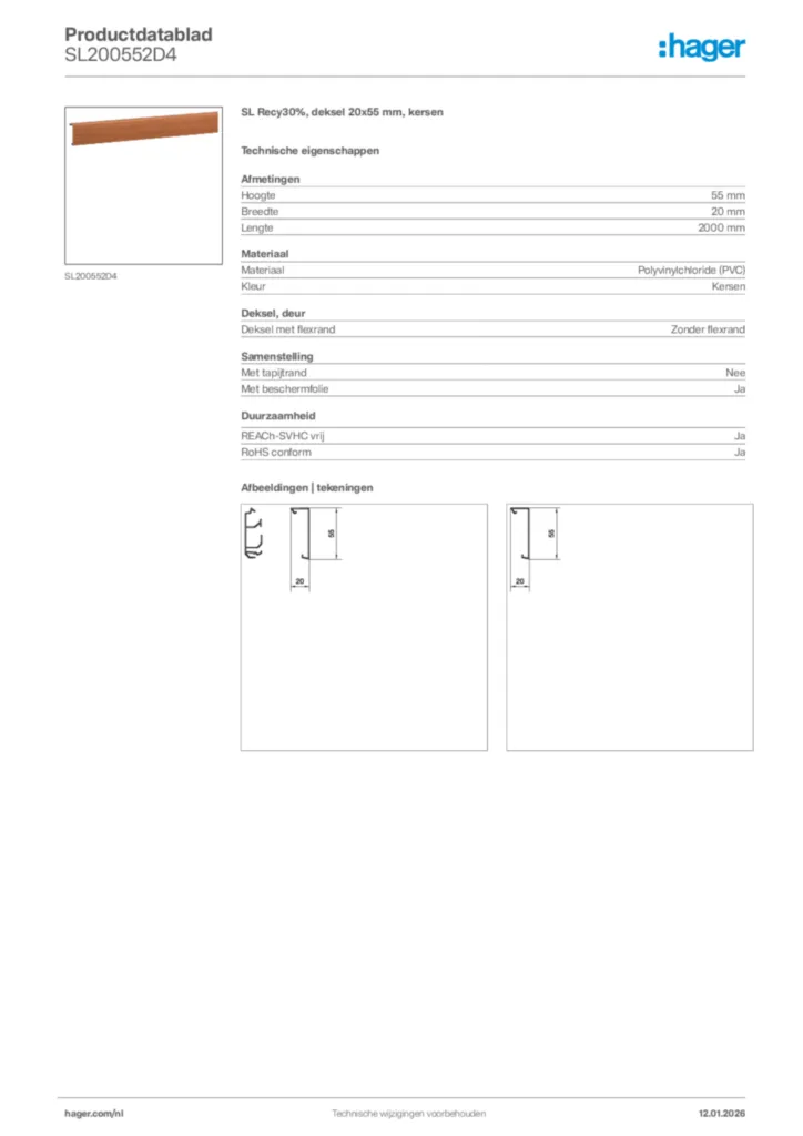 Afbeelding Hager Productdatablad SL200552D4 | Hager Nederland