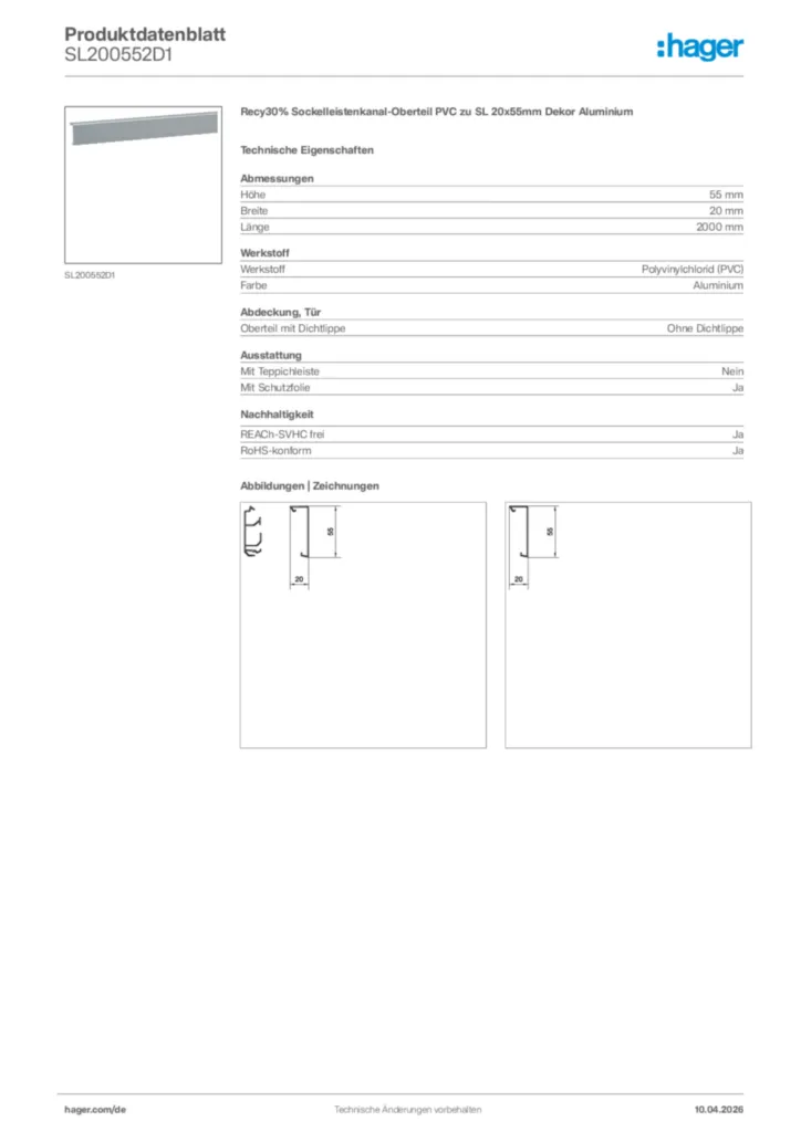 Bild Hager Produktdatenblatt SL200552D1 | Hager Deutschland
