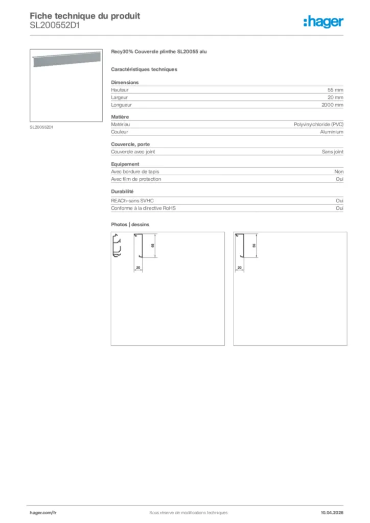 Image Hager Fiche technique du produit SL200552D1 | Hager France