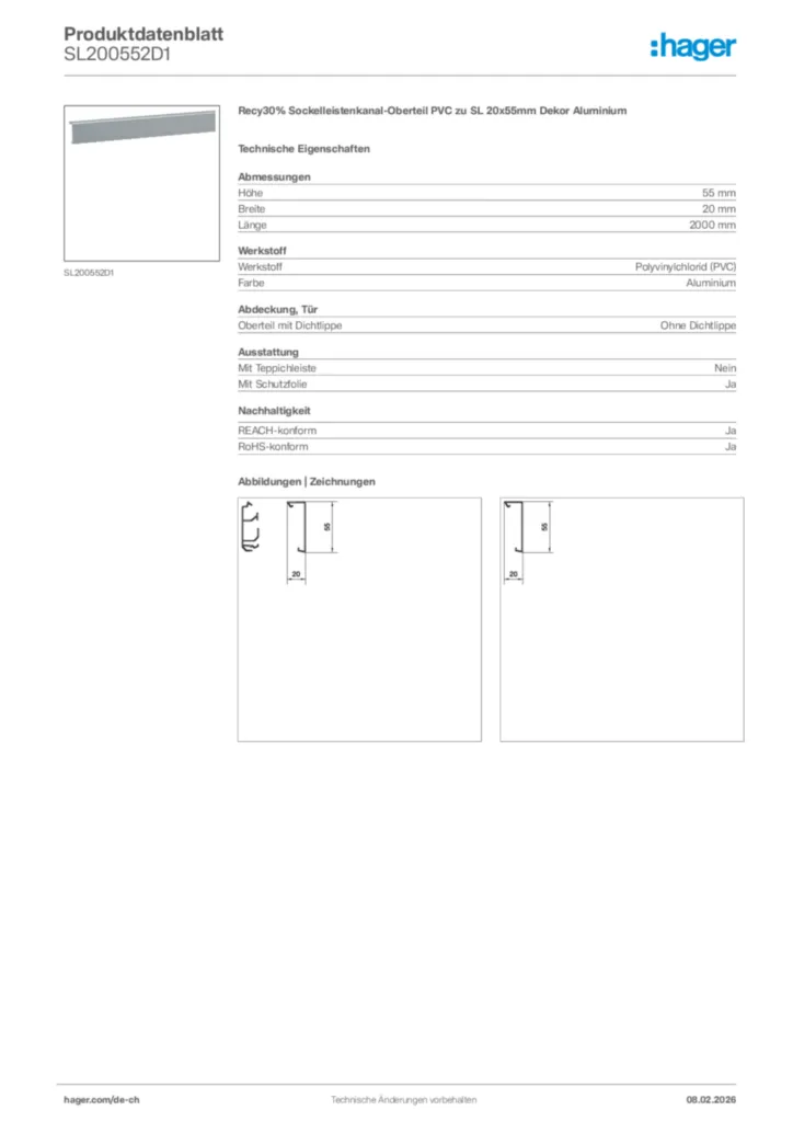 Bild Hager Produktdatenblatt SL200552D1 | Hager Schweiz