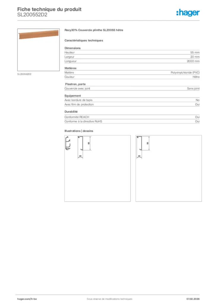 Image Hager Fiche technique du produit SL200552D2 | Hager Belgique