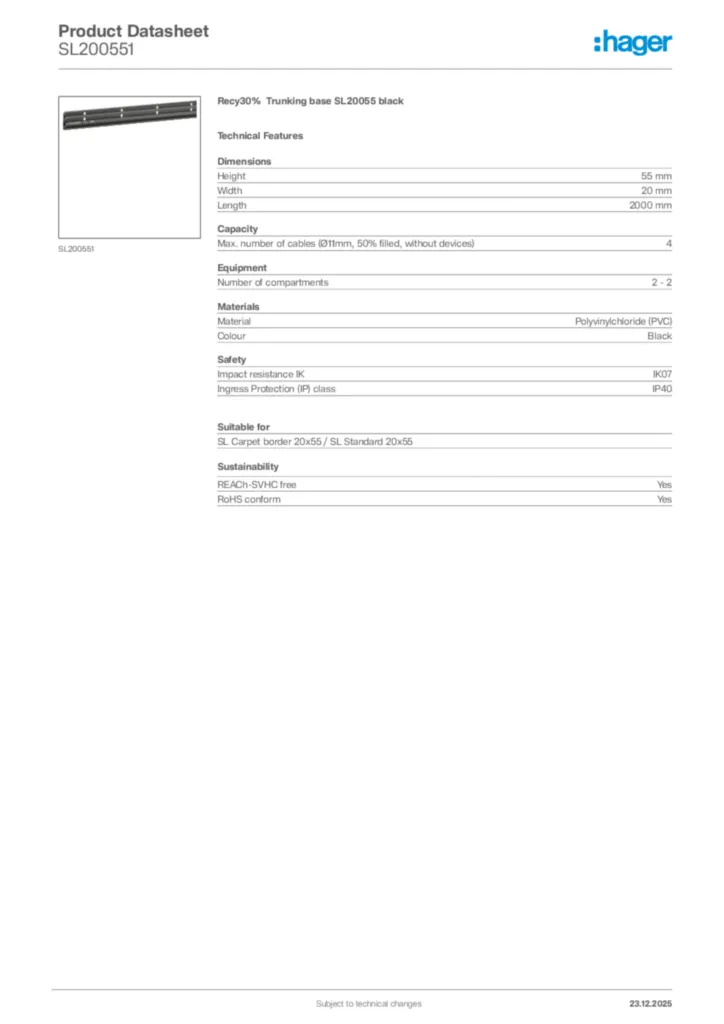 Image Hager Product data sheet SL200551  | Hager Africa