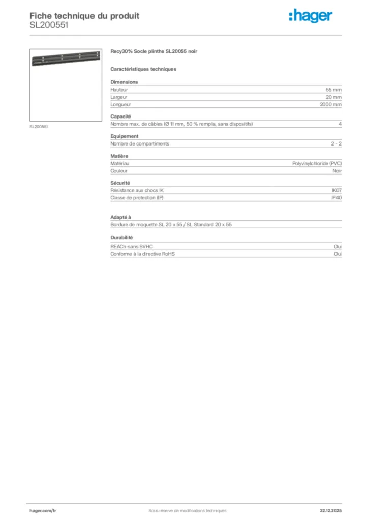 Image Hager Fiche technique du produit SL200551 | Hager France