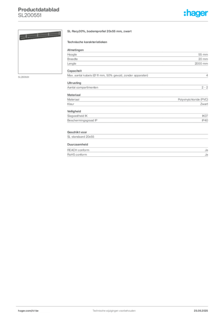 Afbeelding Hager Productdatablad SL200551 | Hager Belgium