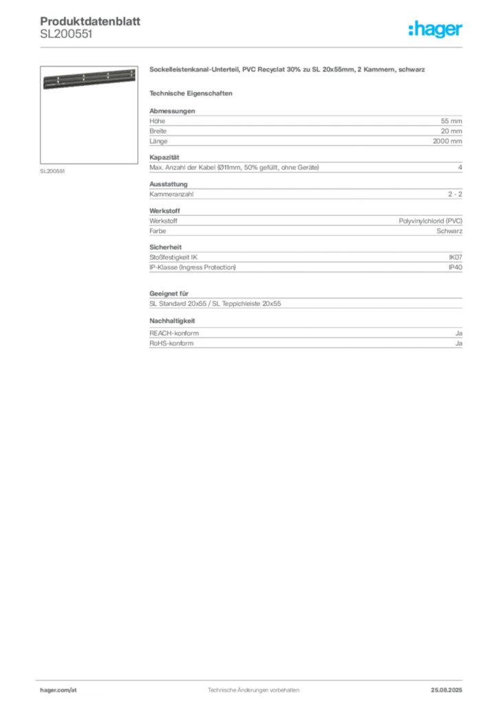 Bild Hager Produktdatenblatt SL200551 | Hager Deutschland