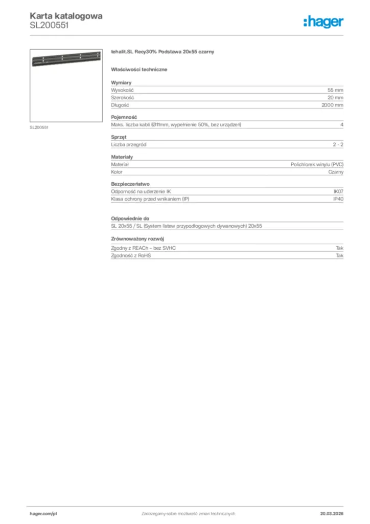 Zdjęcie Hager Karta katalogowa SL200551 | Hager Polska