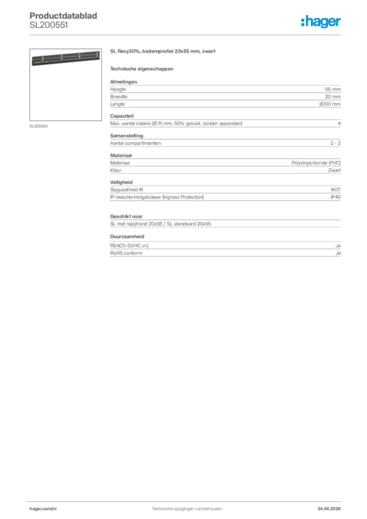 Afbeelding Hager Productdatablad SL200551 | Hager Nederland