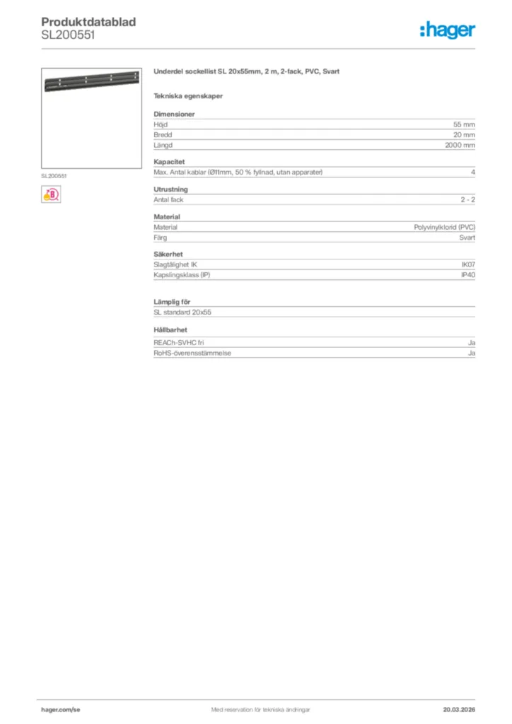 Bild Hager Produktdatablad SL200551 | Hager Sverige
