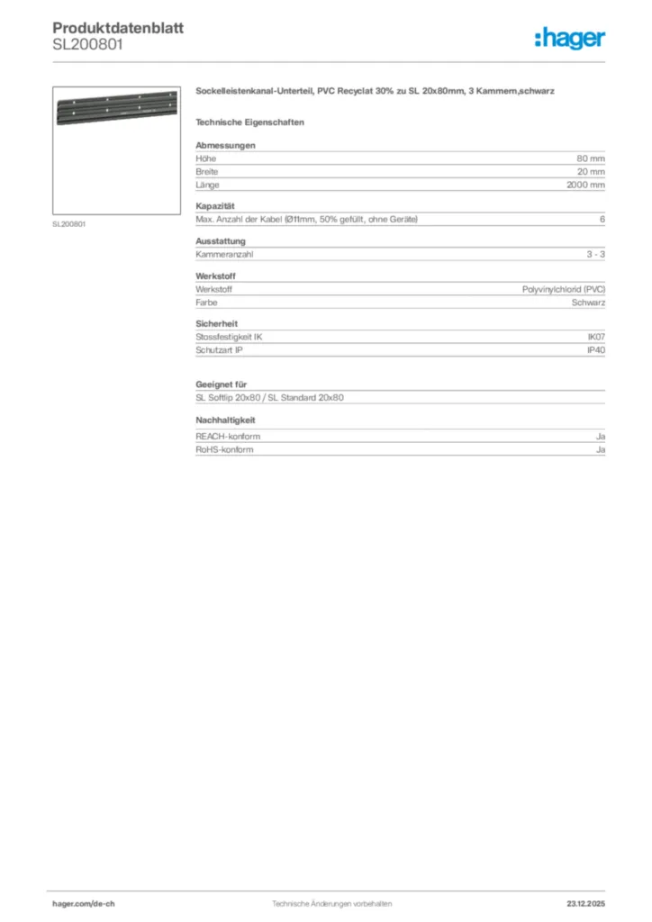 Bild Hager Produktdatenblatt SL200801 | Hager Schweiz