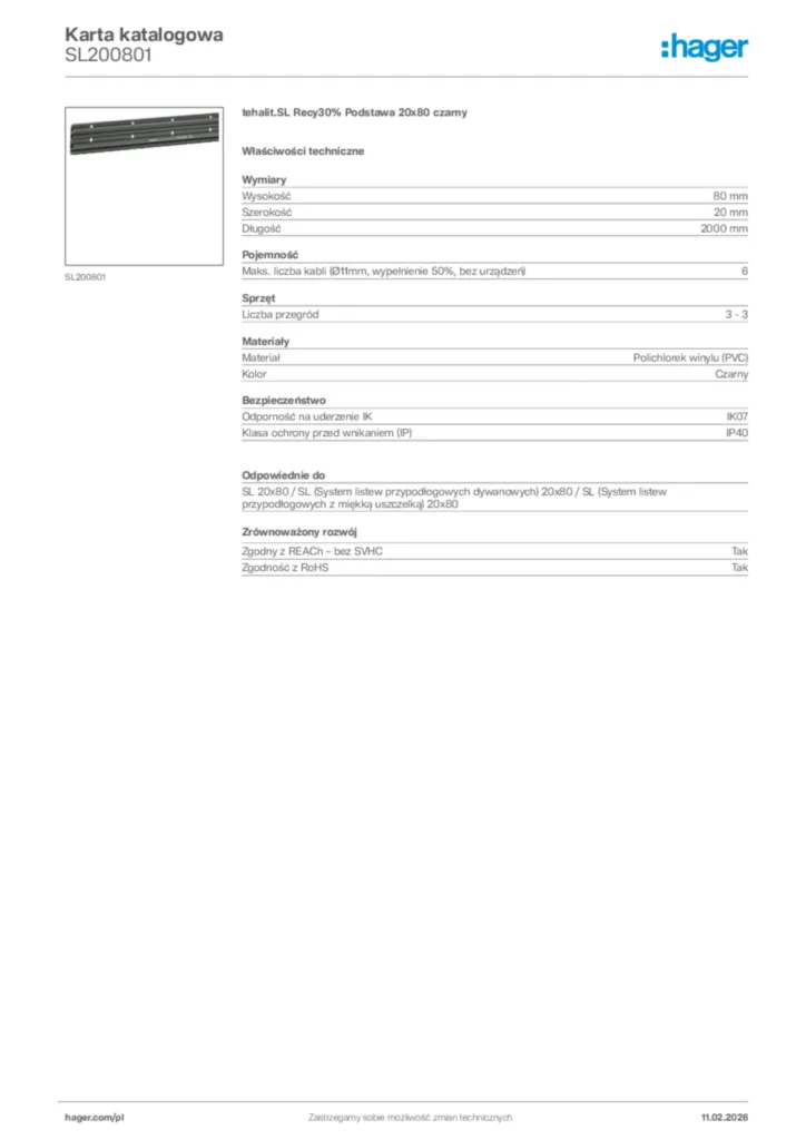 Zdjęcie Hager Karta katalogowa SL200801 | Hager Polska