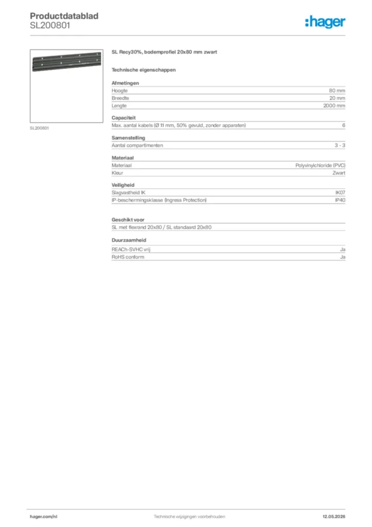 Afbeelding Hager Productdatablad SL200801 | Hager Nederland