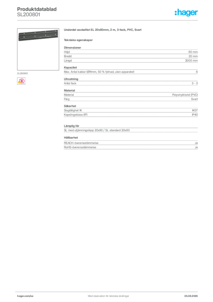 Bild Hager Produktdatablad SL200801 | Hager Sverige