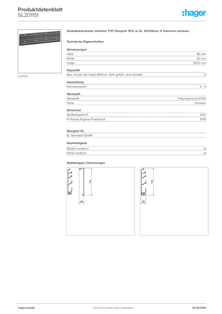 Bild Hager Produktdatenblatt SL201151 | Hager Deutschland