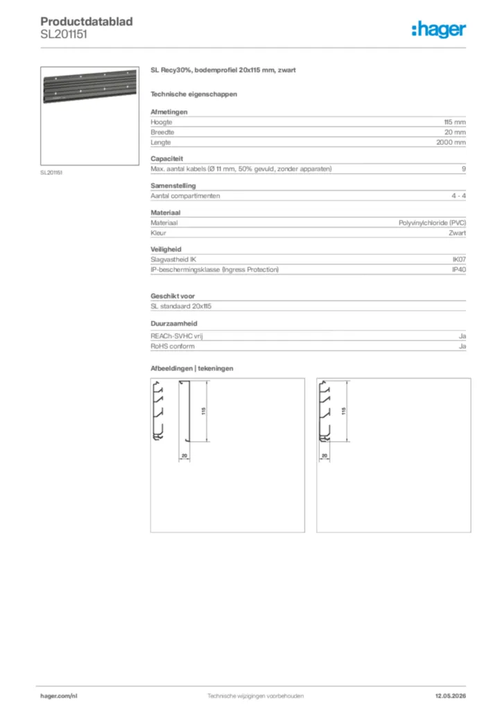 Afbeelding Hager Productdatablad SL201151 | Hager Nederland