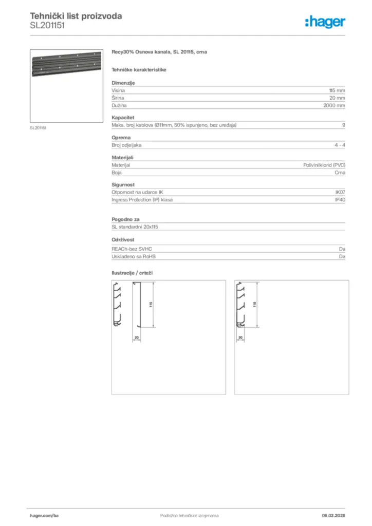 Slika Hager Tehnički list proizvoda SL201151  | Hager