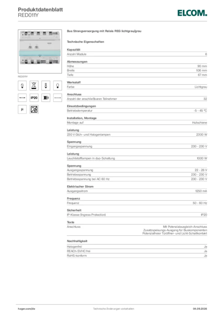 Bild Elcom Produktdatenblatt RED011Y | Hager Deutschland