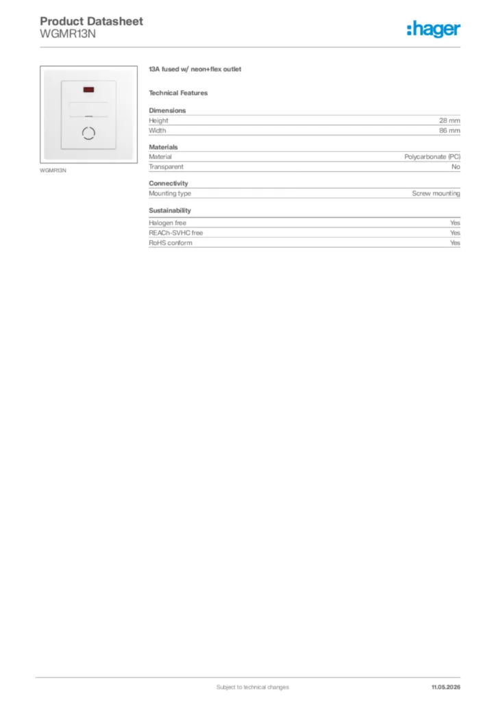 Image Hager Product data sheet WGMR13N  | Hager