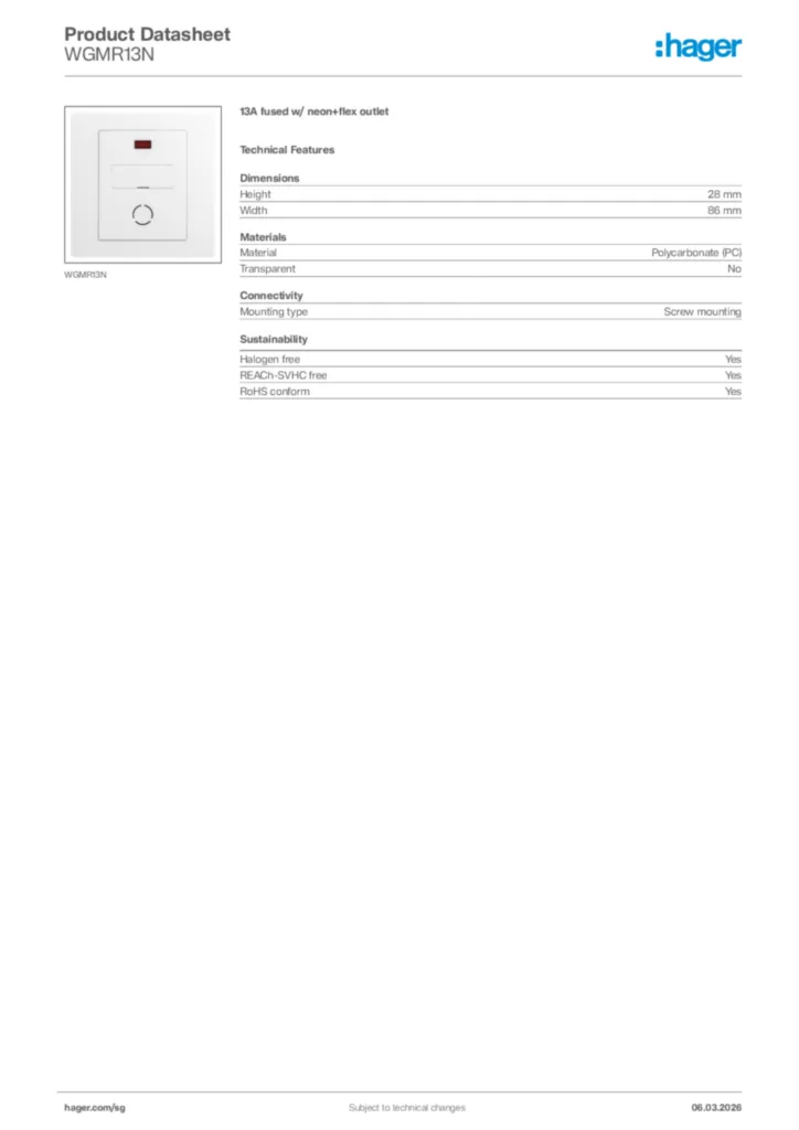 Image Hager Product data sheet WGMR13N  | Hager