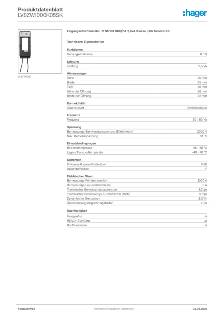 Bild Hager Produktdatenblatt LV8ZW1000K05SK | Hager Deutschland