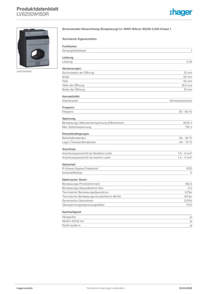 Bild Hager Produktdatenblatt LV8Z00W150R | Hager Deutschland