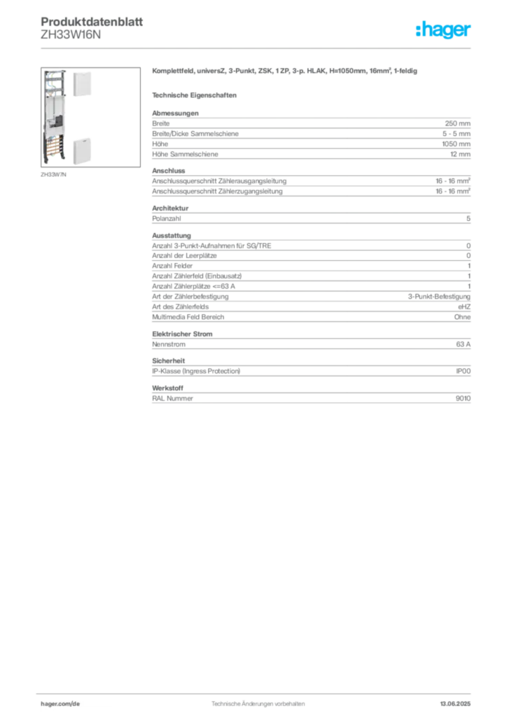 Hager Produktdatenblatt ZH33W16N