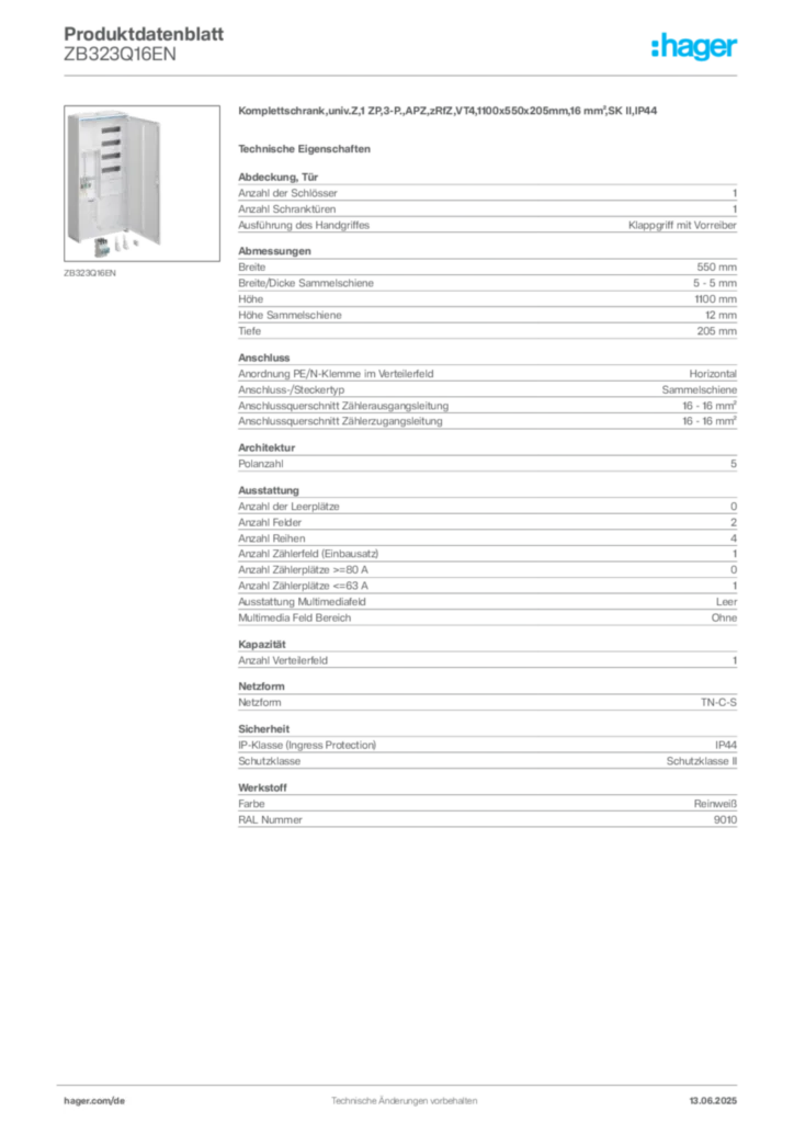 Bild Hager Produktdatenblatt ZB323Q16EN | Hager Deutschland