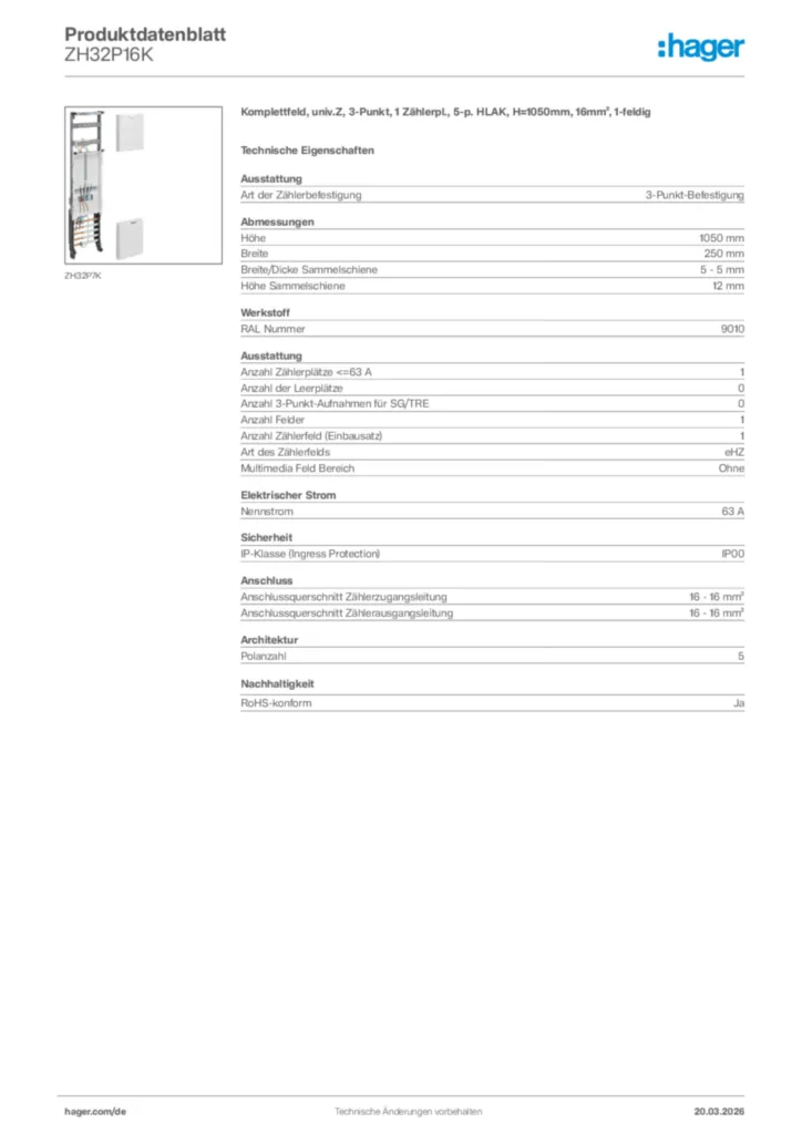 Bild Hager Produktdatenblatt ZH32P16K | Hager Deutschland