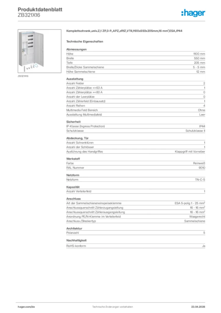 Bild Hager Produktdatenblatt ZB321X16 | Hager Deutschland