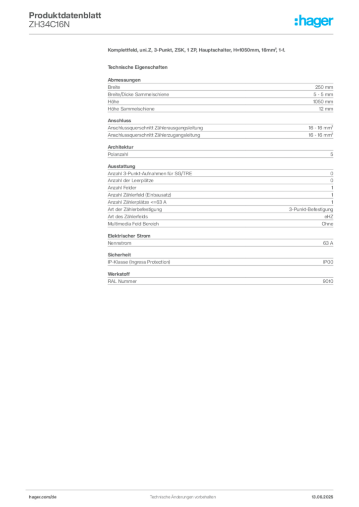 Komplettfeld, uni.Z, 3-Punkt, ZSK, 1 ZP, Hauptschalter, H=1050 mm, 16 mm², 1-f.