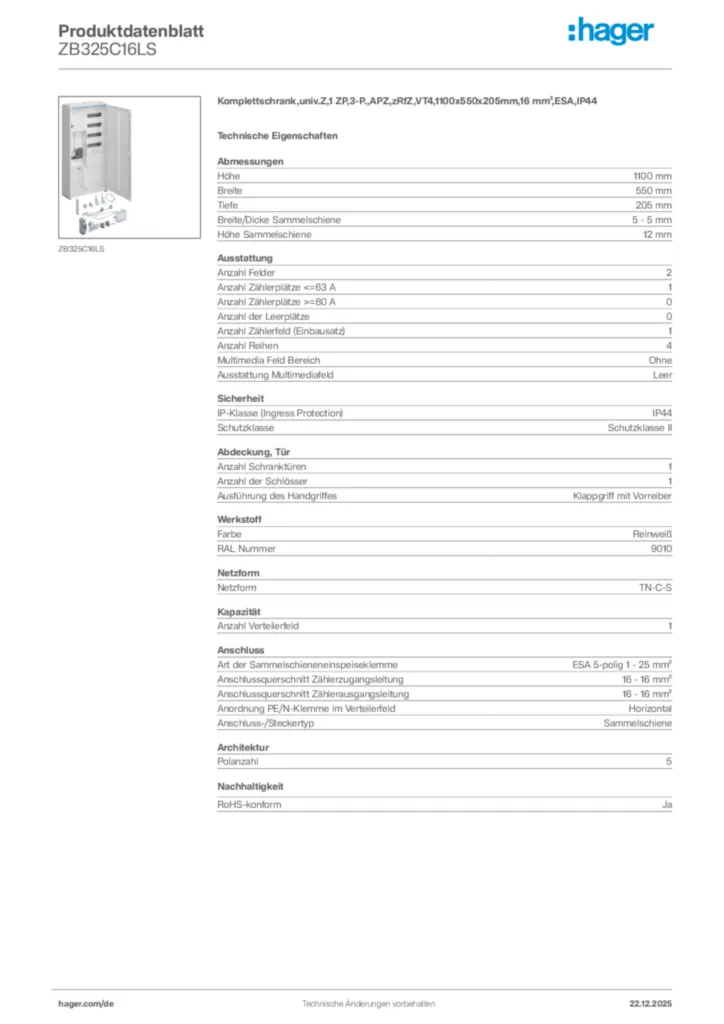 Bild Hager Produktdatenblatt ZB325C16LS | Hager Deutschland