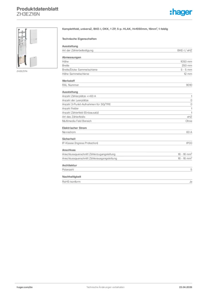 Bild Hager Produktdatenblatt ZH3EZ16N | Hager Deutschland