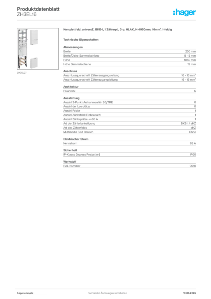 Hager Produktdatenblatt ZH3EL16
