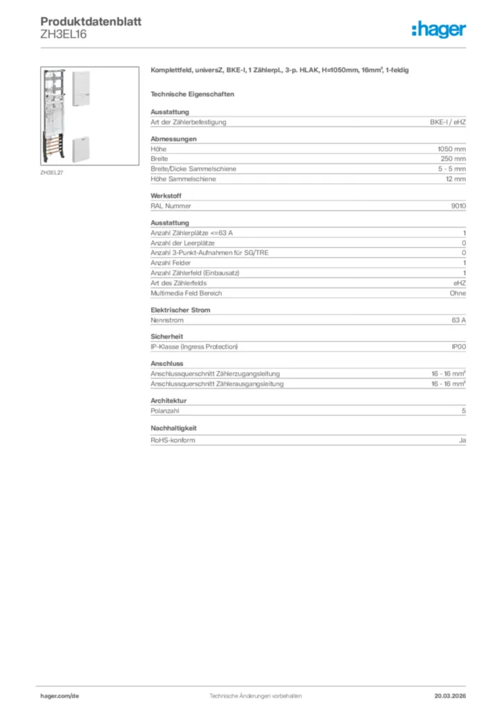 Bild Hager Produktdatenblatt ZH3EL16 | Hager Deutschland