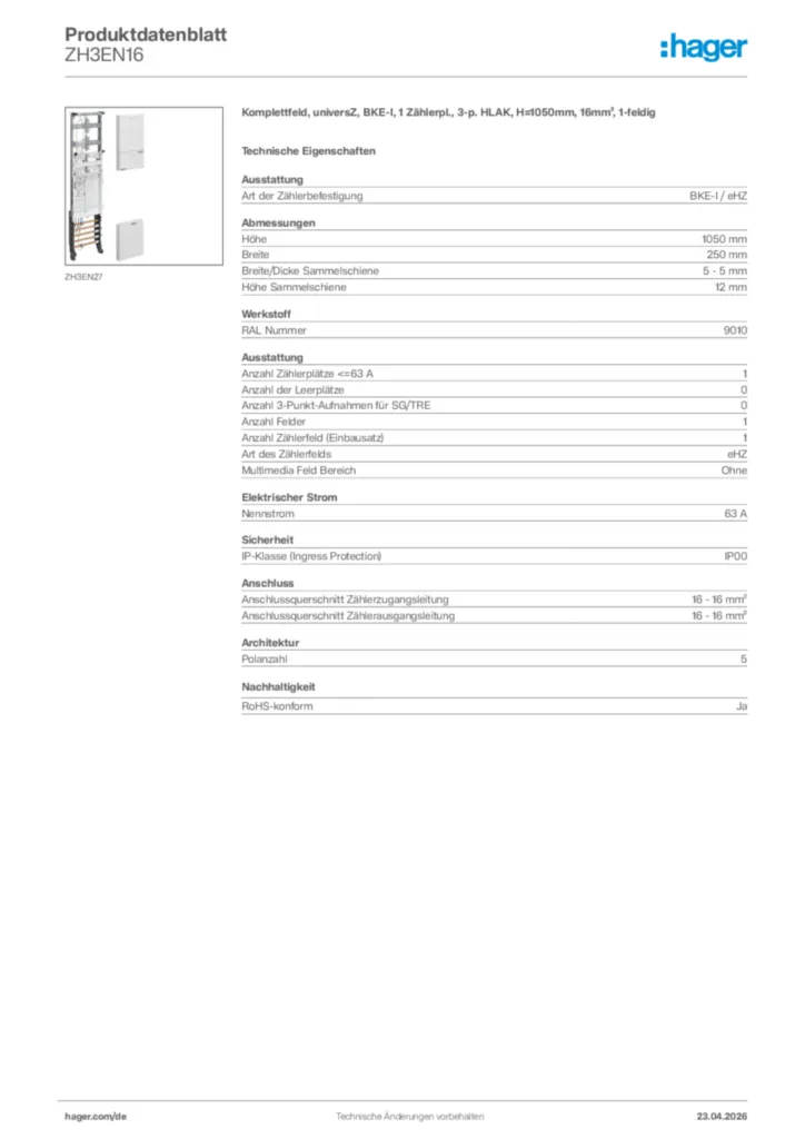 Bild Hager Produktdatenblatt ZH3EN16 | Hager Deutschland