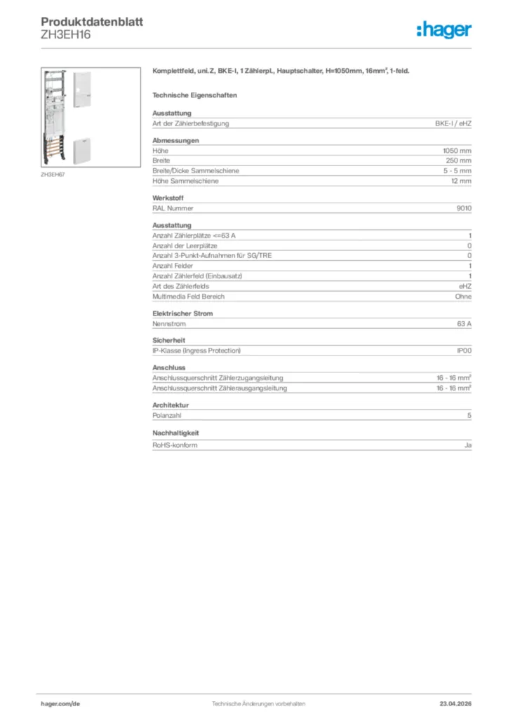 Bild Hager Produktdatenblatt ZH3EH16 | Hager Deutschland