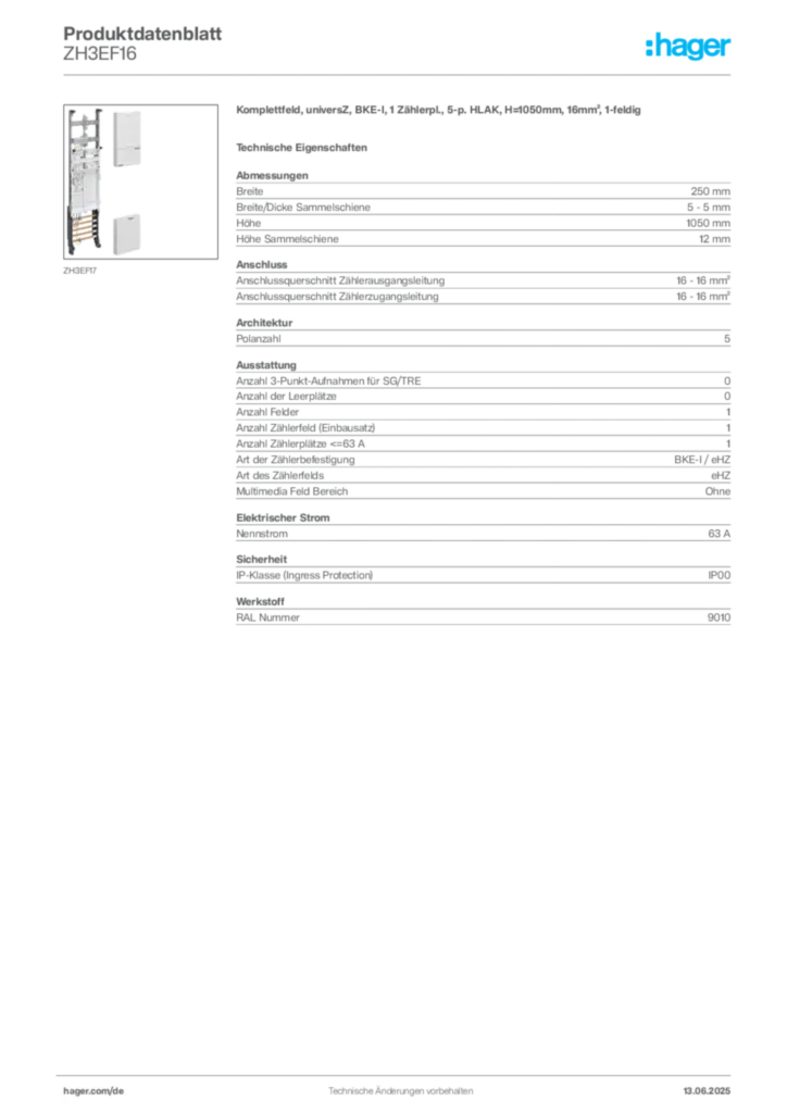 Hager Produktdatenblatt ZH3EF16