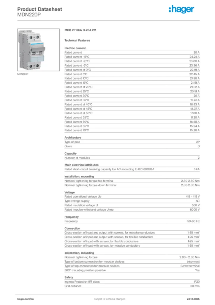 Image Hager Product data sheet MDN220P  | Hager Australia