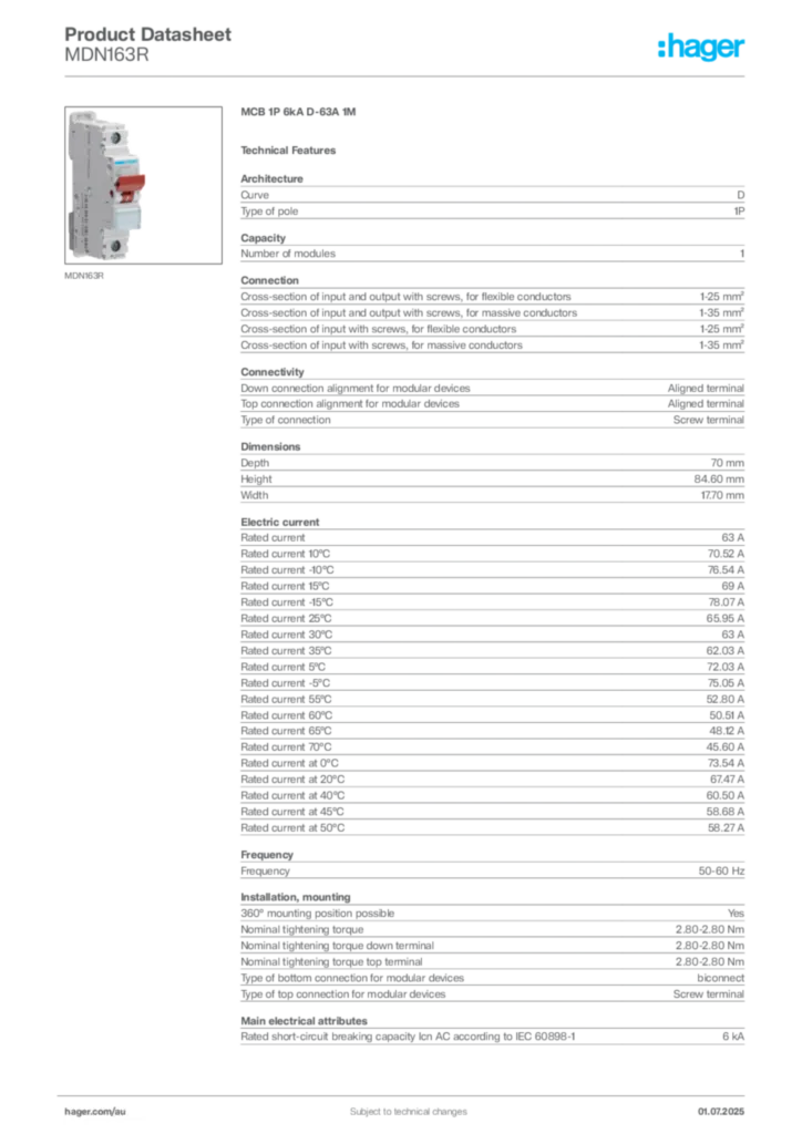 Image Hager Product data sheet MDN163R  | Hager Australia
