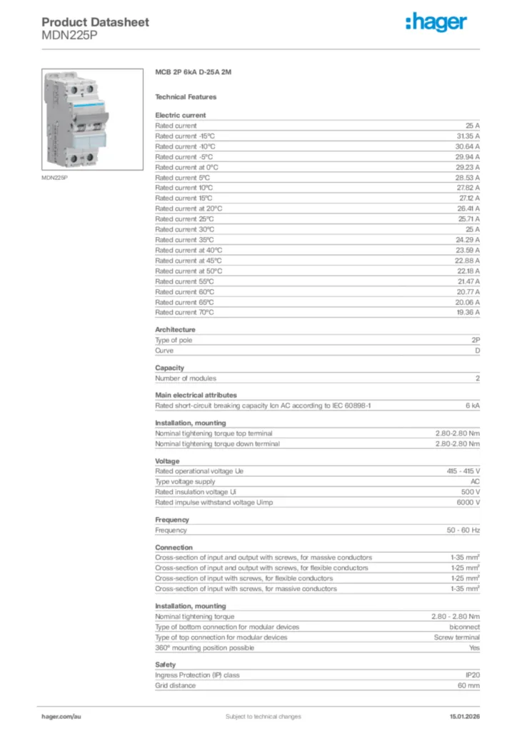 Image Hager Product data sheet MDN225P  | Hager Australia