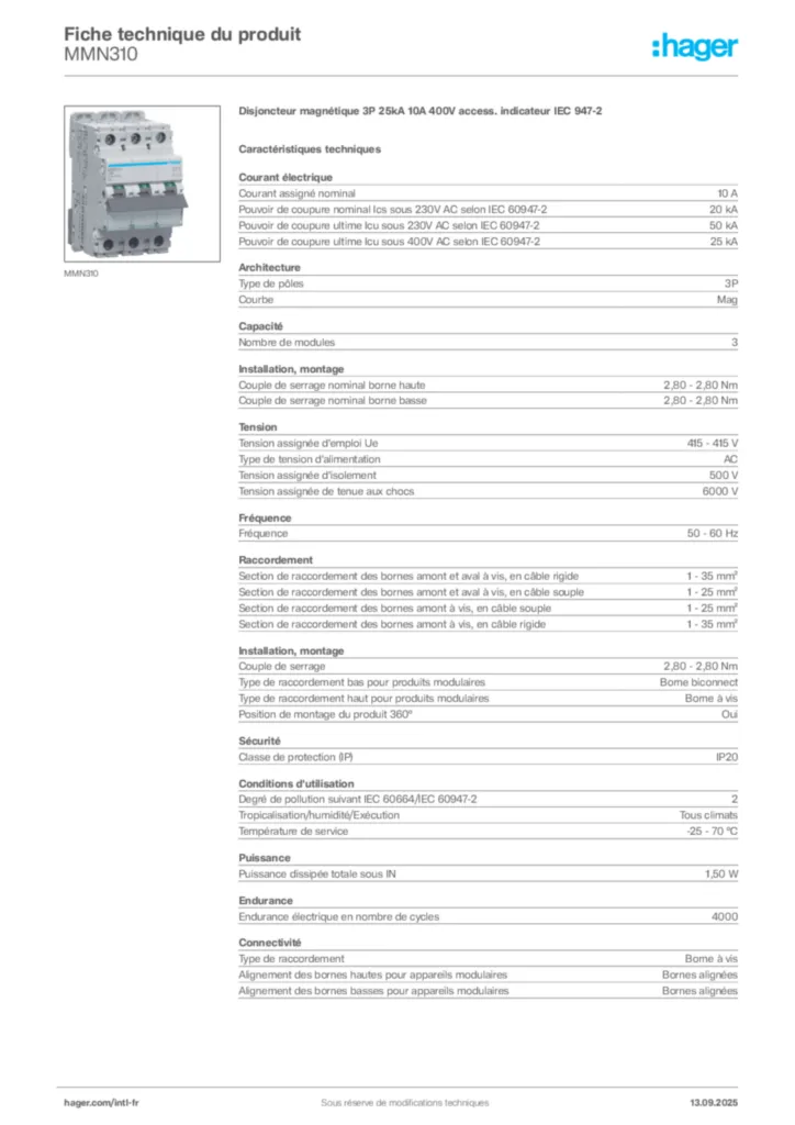 Image Hager Fiche technique du produit MMN310 | Hager Afrique