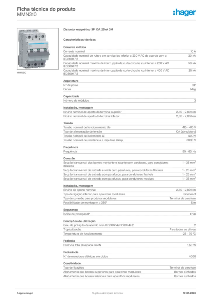 Imagem Hager Ficha técnica do produto MMN310 | Hager Portugal