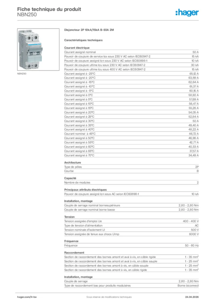 Image Hager Fiche technique du produit NBN250 | Hager Belgique