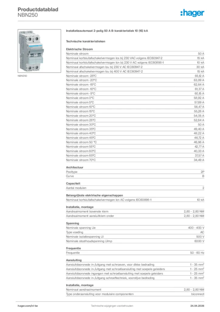 Afbeelding Hager Productdatablad NBN250 | Hager Belgium