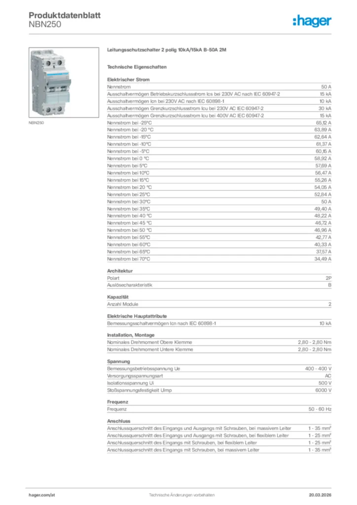 Bild Hager Produktdatenblatt NBN250 | Hager Deutschland