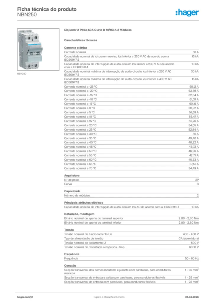 Imagem Hager Ficha técnica do produto NBN250 | Hager Portugal