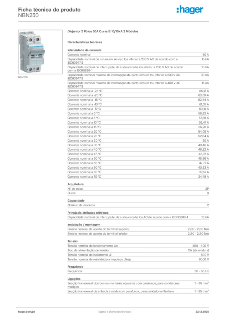 Imagem Hager Ficha técnica do produto NBN250 | Hager Portugal