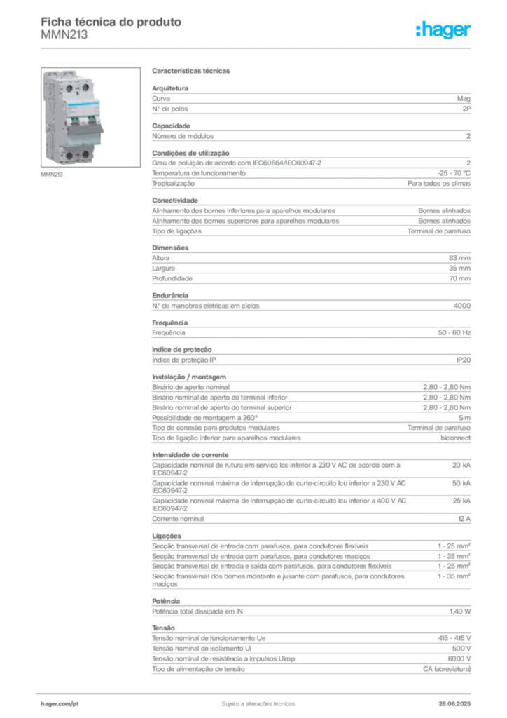 Imagem Hager Ficha técnica do produto MMN213 | Hager Portugal